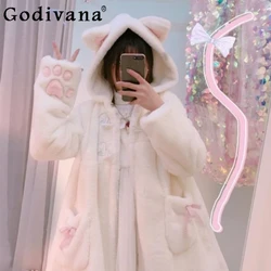 Autumn Winter Japanese Girly Sweet Lolita Faux Fur Coats Women Warm Plush Cartoon Anime Cat Ears Hooded Furry Jackets Outwear