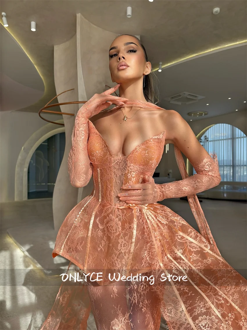 

New Fashion Lace Orange Party Dress Sexy Gloves Birthday Elegant Formal Occasion PromDresses Night Club Vestido Customized