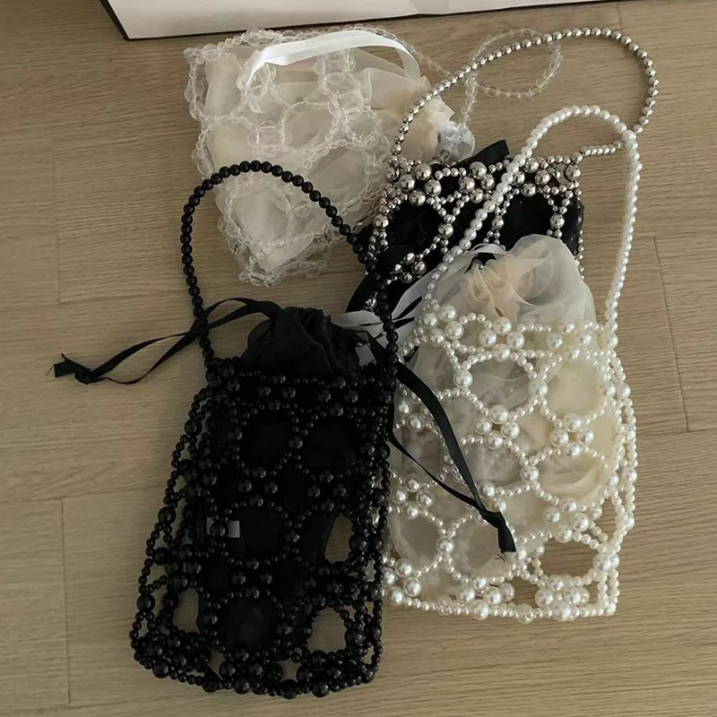 Bolsas de ombro frisadas pérolas ocas para mulheres, bolsas de senhora tecidas artesanais, doce bolsa de balde de verão, bolsas femininas pequenas,