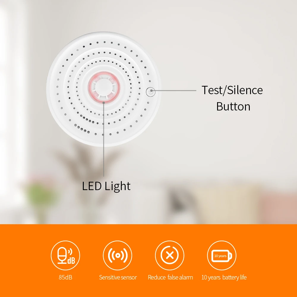 Detector de calor inalámbrico para casa inteligente, Sensor de temperatura ignífugo de alto Decibel de 85dB, con 10 años de duración de batería para