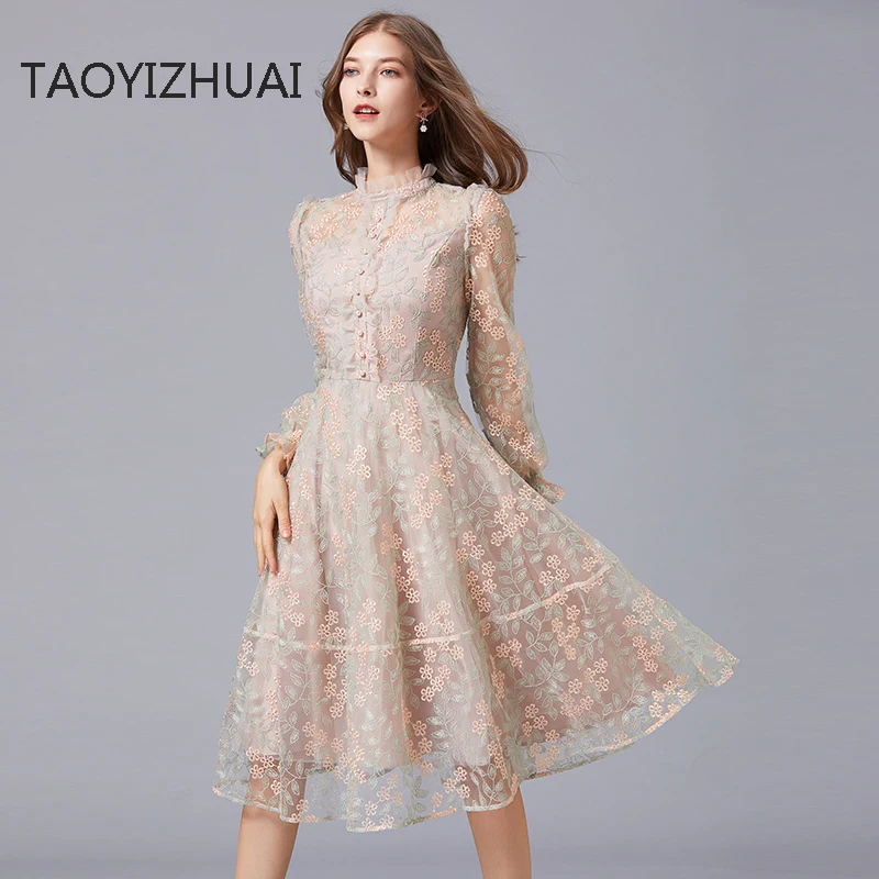 

Heavy Industry Embroidery Mesh Dresses Women's Autumn Lace Clothes 2022 New High-end Famous Ladies Temperament Large Fashion