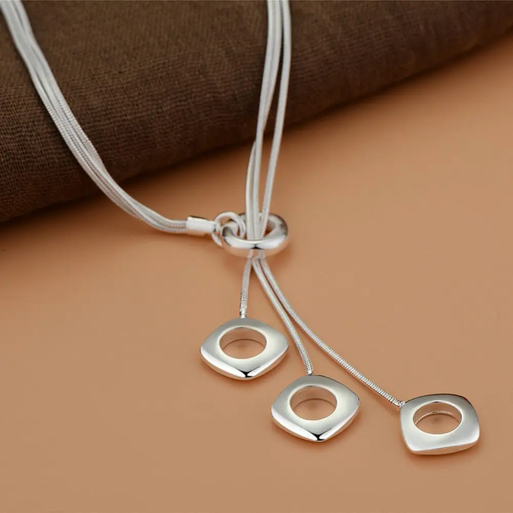 Silver 925 Square block Pendant Necklace Snake chain For Women Man Fashion Wedding Party Charm Jewelry