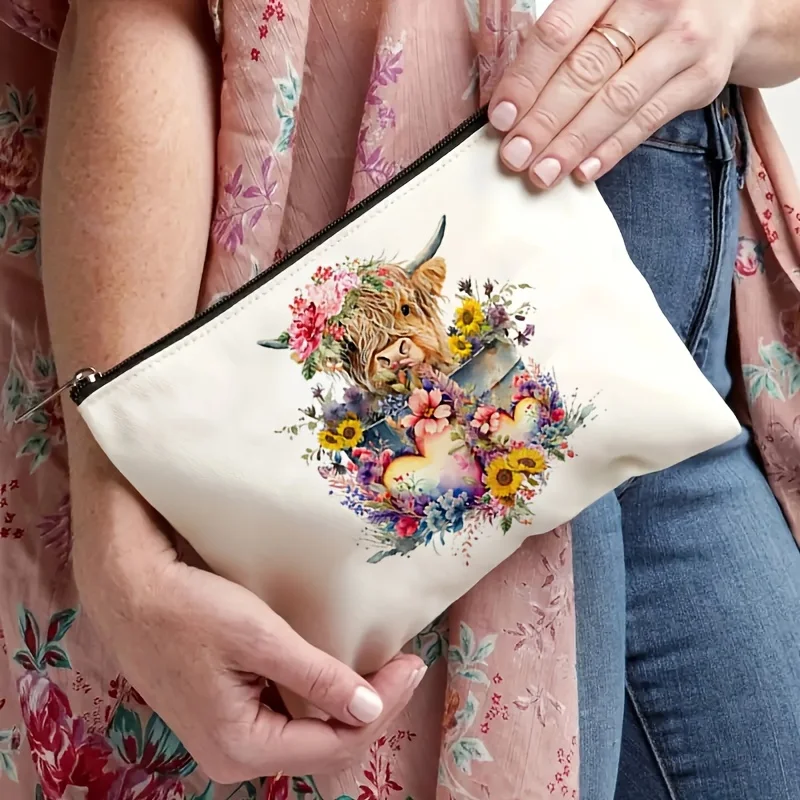 1pc Highland Cow Cosmetic Bag Stylish Floral Design Durable Makeup Organizer Ideal Travel Toiletry Tote Womens Cosmetic Pouch