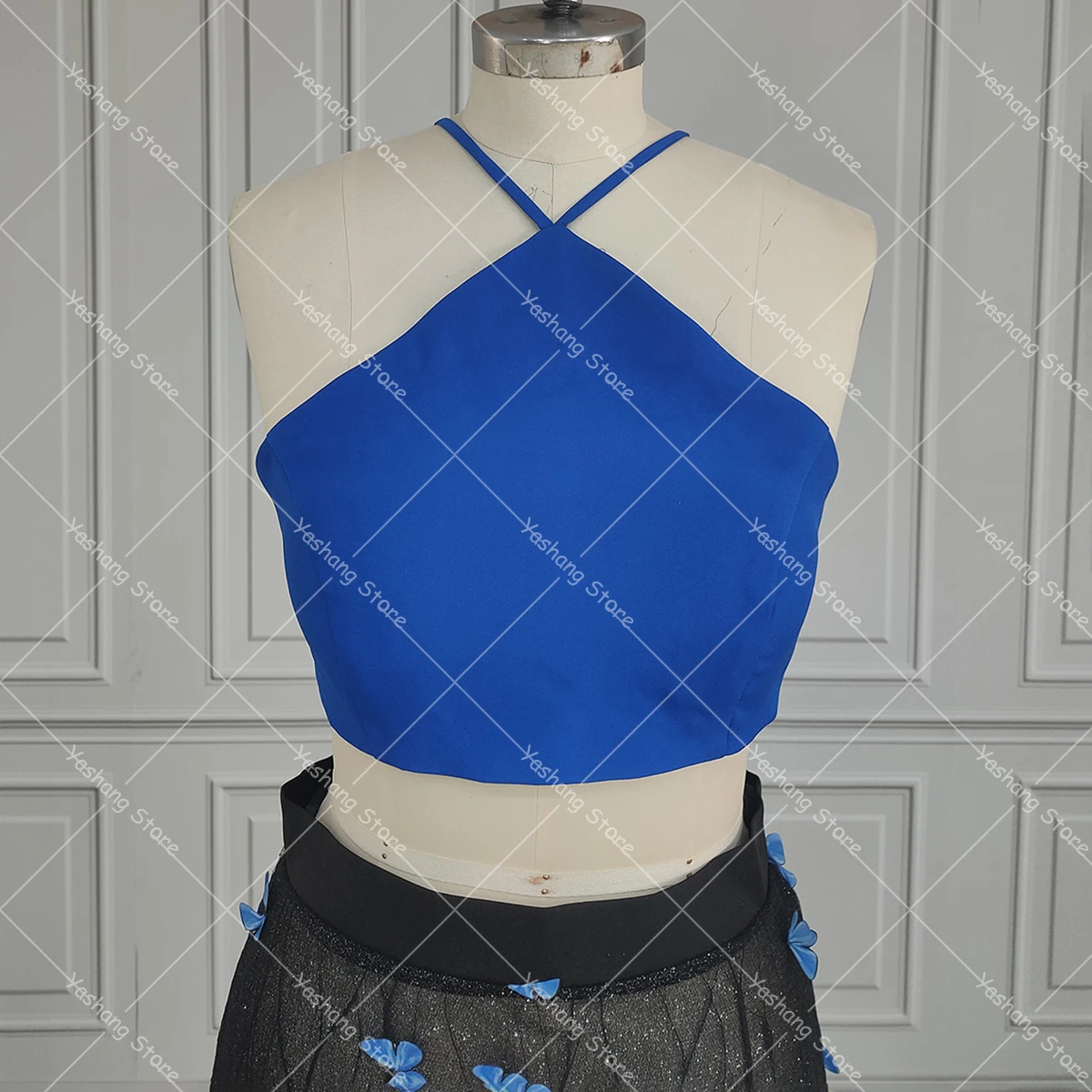 Blue Butterfly Sexy Transparent Bridal Gowns A Line Customized Sleeveless Two Pieces Halter Satin Crop Top Wedding Dress