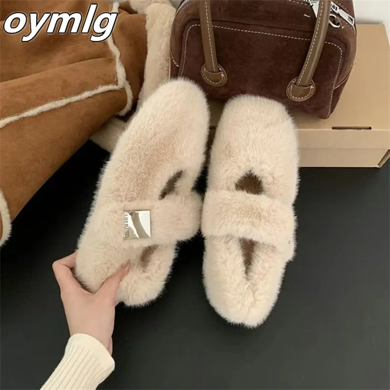 2024 new flat bottomed Mary Jane hairy shoes for women, with thickened velvet and a single kick kick, made of bean cotton