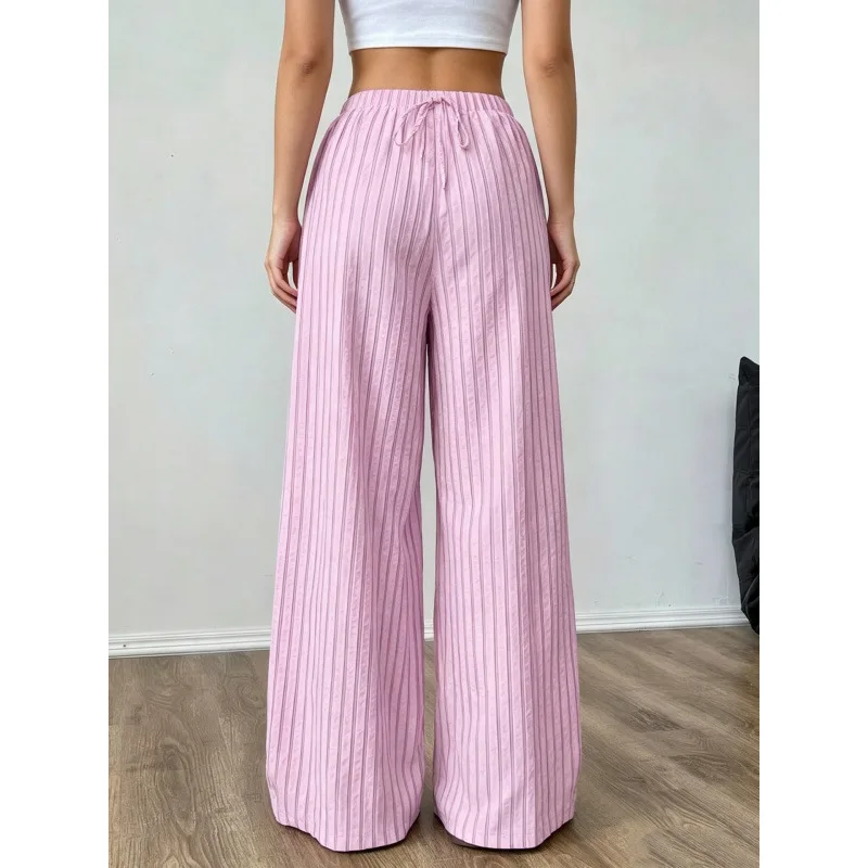 New casual style women's Pink drawstring elastic waist relaxed versatile wide Leg striped fashion Trousers with pockets