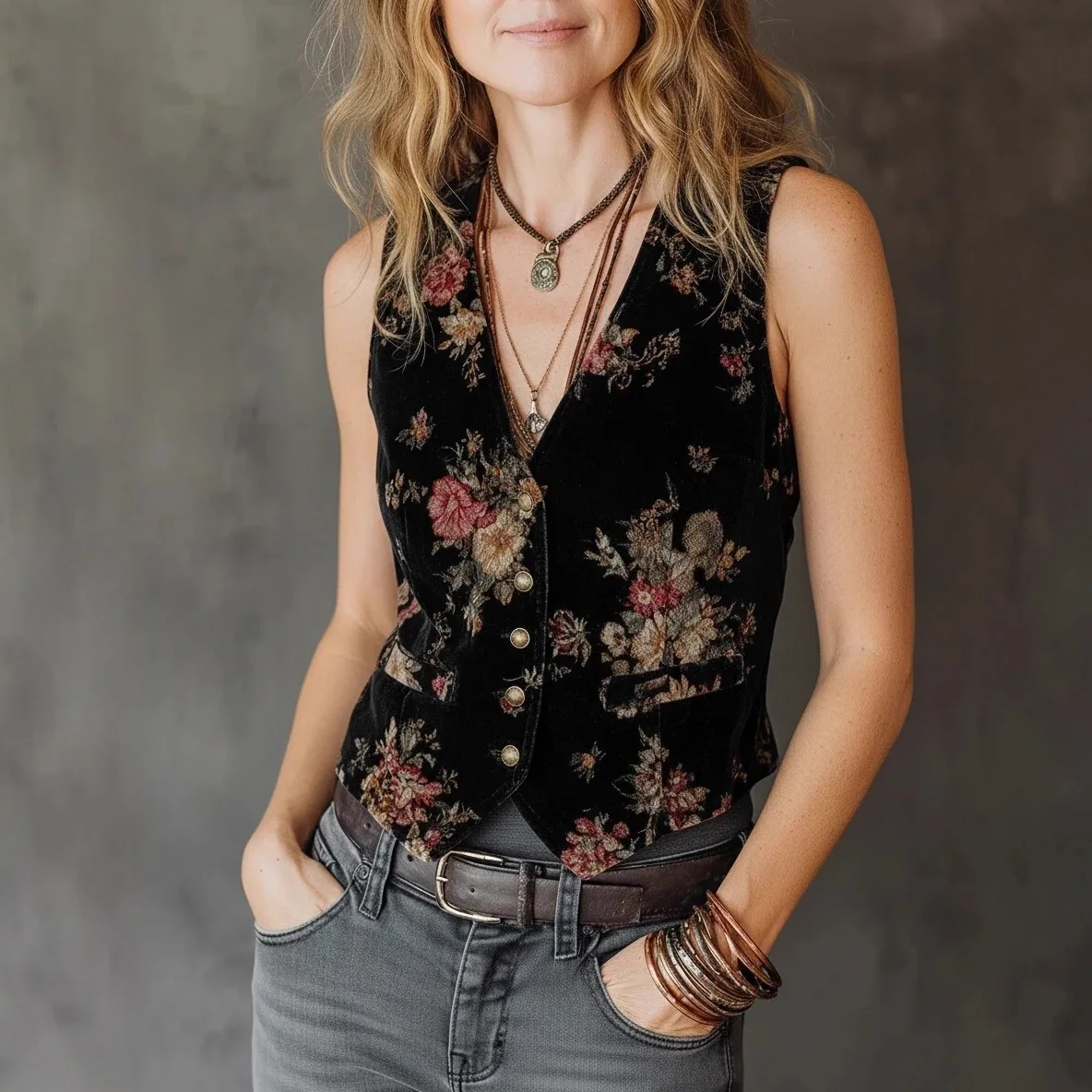 Women's Fashion Sexy Flower Positioning Printed Velvet Sleeveless Vest Top