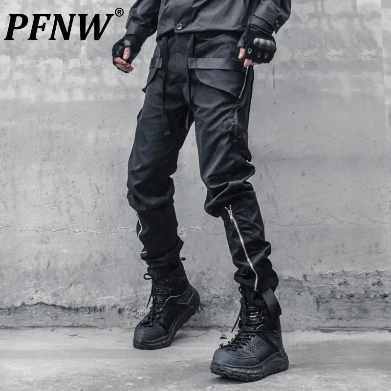 PFNW Original Fashionable Men's Darkwear Zipper Large Pocket Stitching Punk Leggings Tactical Functional Casual Pants 12Z4291