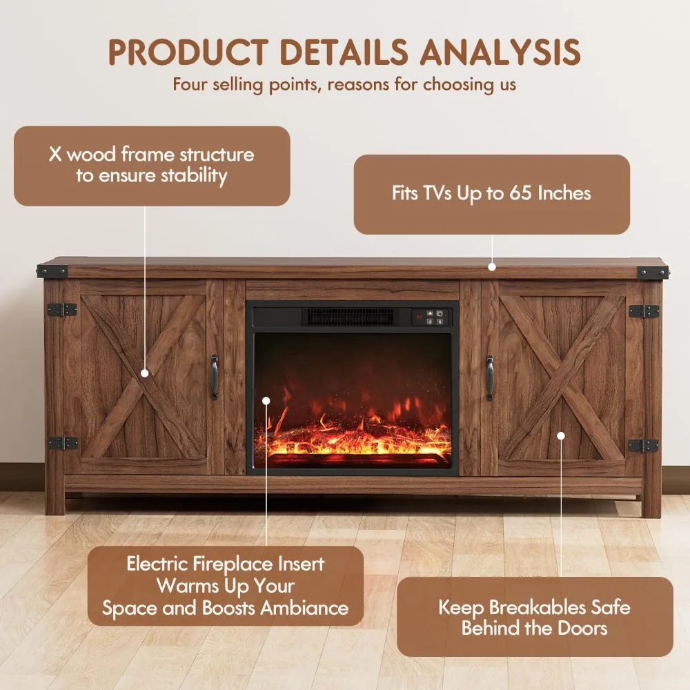 حامل تلفزيون YESHOMY Fireplace مع بابين للحظيرة وخزائن تخزين للتلفزيونات حتى 65+ بوصة، وحدة تحكم مركزية ترفيهية