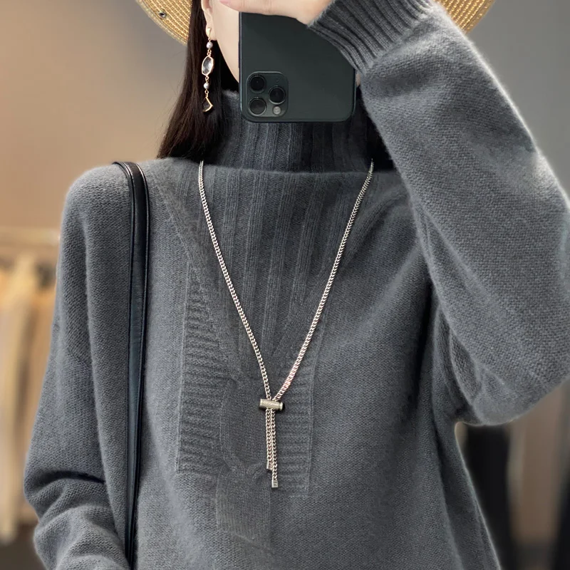 

Autumn Winter New Half High Collar Thickened 100% Woolen Sweater Women's Solid Color Loose Knit Shirt