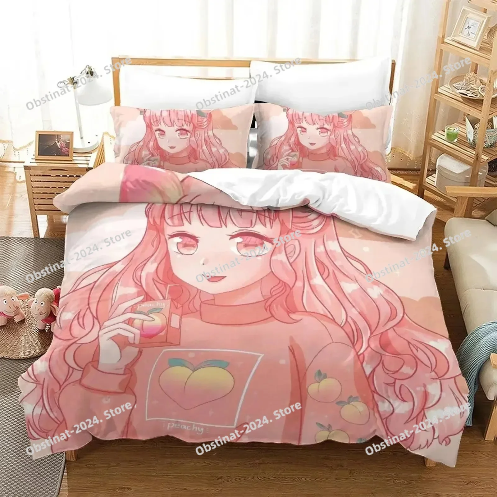 Anime Aesthetic Girl Art Strawberry Bedding Set Duvet Cover Full Queen King Size Pillowcase Printed Bed Set Aldult Kid Bedroom