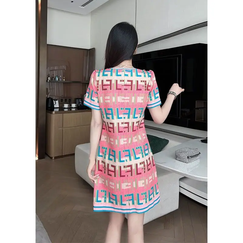 Ice Silk Alphabet Knitting Dress Women's Summer Flab Hiding 2023 New Elegant Slimming Sweater Dress Short Sleeve Skirt