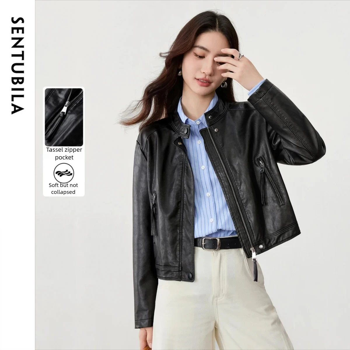 

SENTUBILA женские куртки из искусственной кожи, осень 2022, новая однотонная куртка с воротником-стойкой на молнии, повседневное простое пальто с длинными рукавами W53GA3325