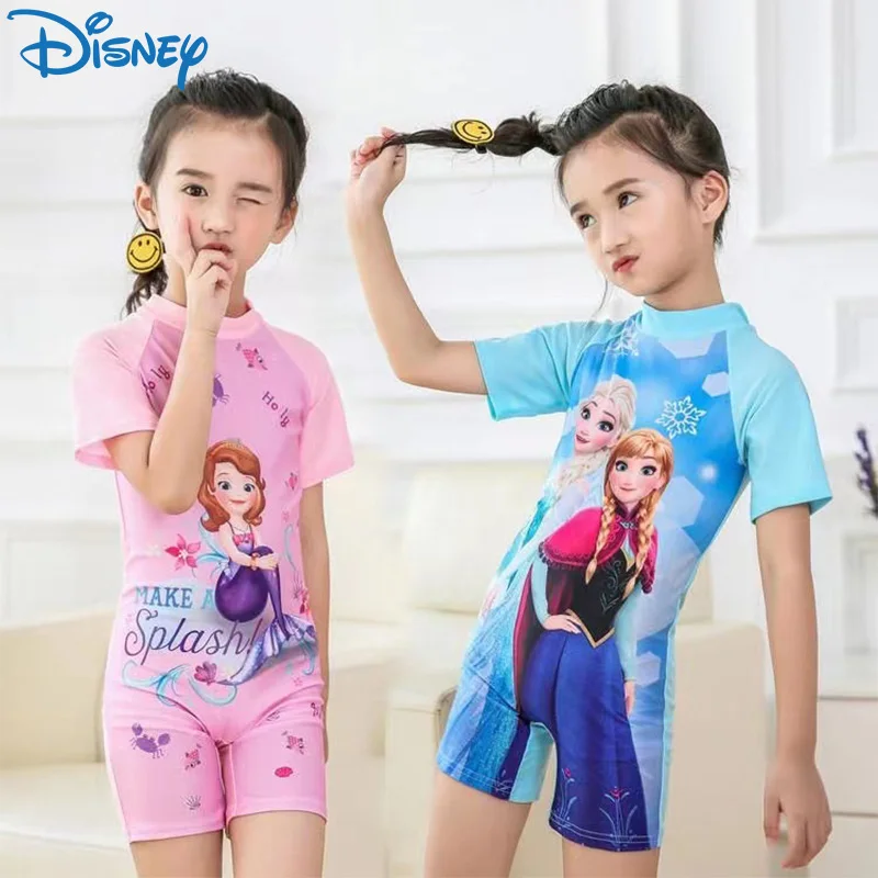 Disney Frozen Kids Swimsuit Kawaii Elsa Anna Sofia Princess Cosplay Children\'s Wear Sleeve Shorts One Piece Swimsuit with Hats