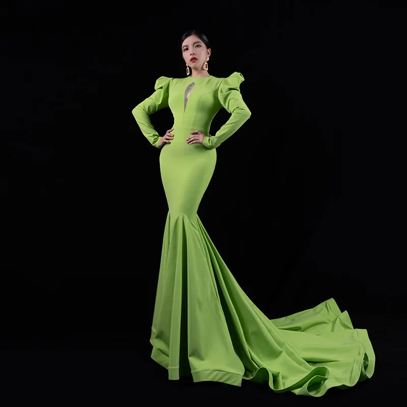 

Bai Sha Long Tail Evening Dress New Prom Costumes For Banquet Host Wedding Performance Show Luxury Dress Hip Wrapping H1360