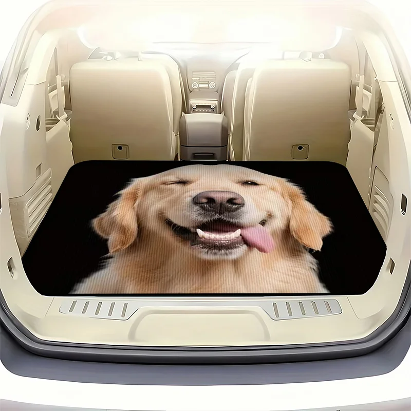 1pc Stylish Car Trunk Mat With Light Golden Fur Golden Retriever | Winking With Open Eye And Playful Expression, Black Backgroun