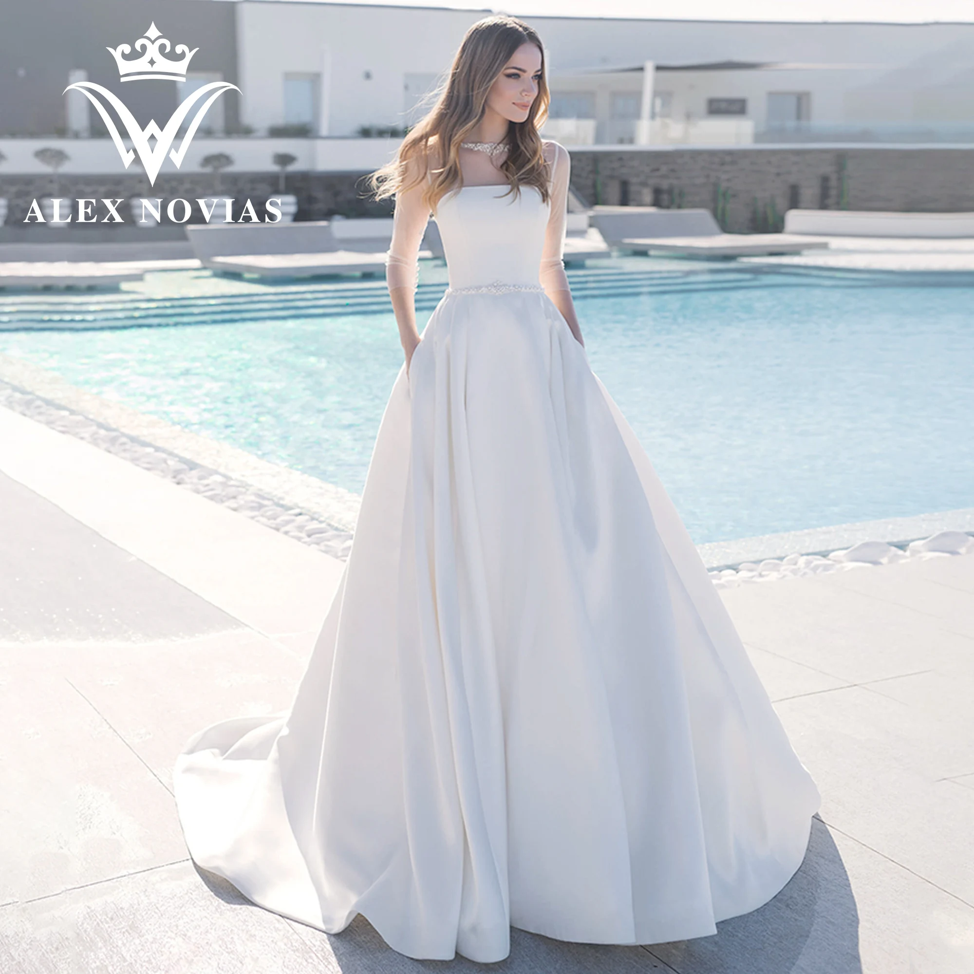 

ALEX NOVIAS A-Line Three Quarter Sleeve Wedding Dresses Pockets 2023 SCOOP Illusion Satin Wedding Gown Vestido Novias De Saten