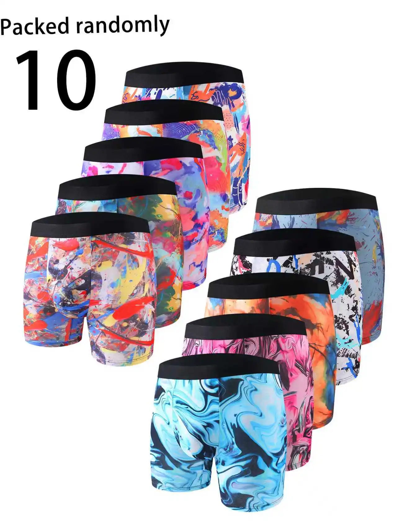 

10-Pack Artistic Graffiti Men's Boxer Briefs Trendy Color Ink Print Breathable Mid-Waist Briefs Random Mixed Colors