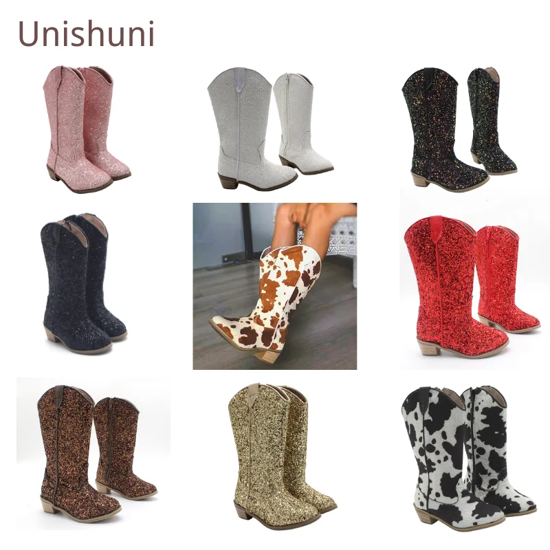 Unishuni – bottes de Cowboy avec fermeture éclair pour fille, chaussures à talons hauts et paillettes scintillantes, à la mode, printemps-automne