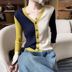 Autumn Winter Slim Casual Fashion Contrast Color Cardigan Sweaters Female All-match Knitting Jacket Ladies V-neck Coat Top Women