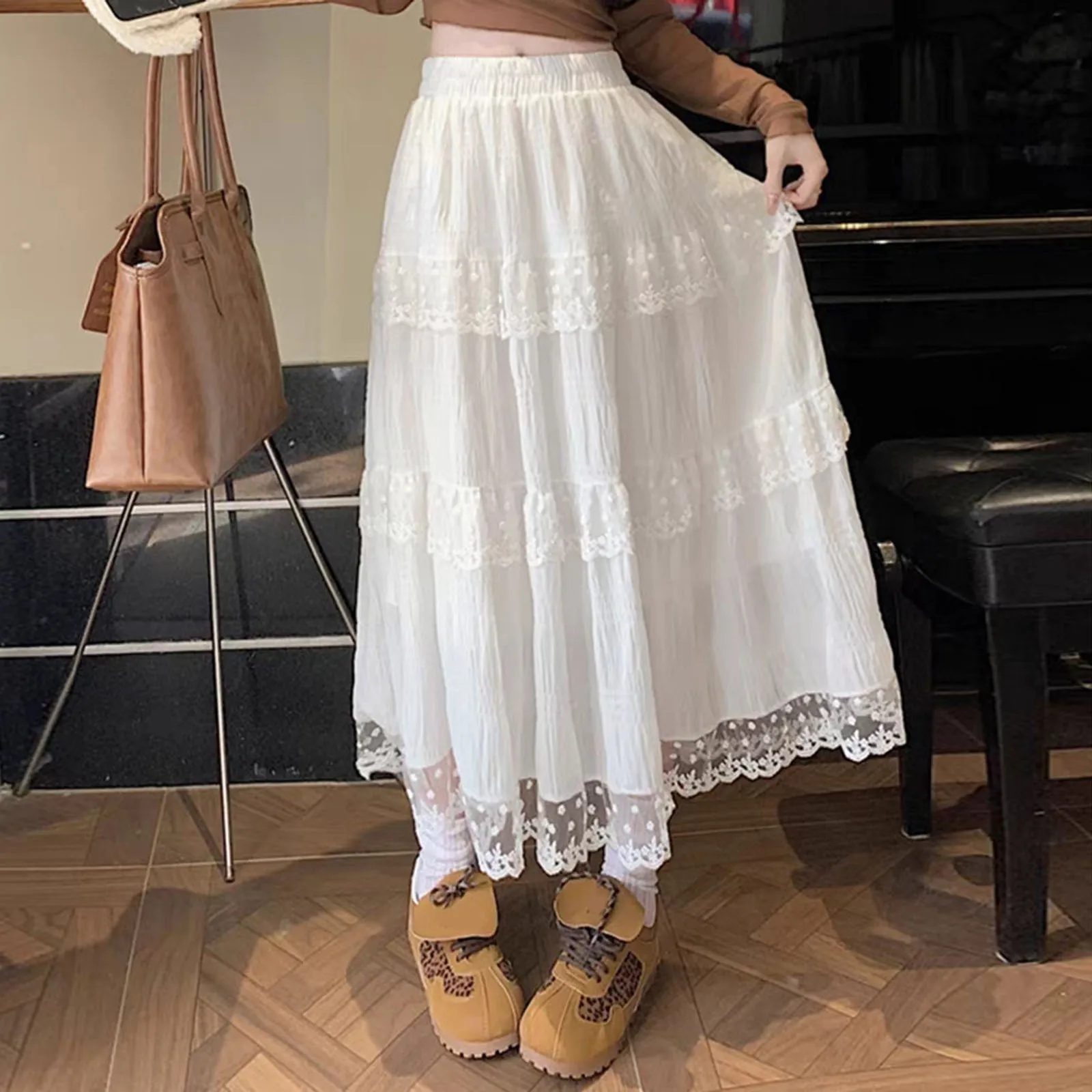 

White Lace Skirt Women's Long Lace Skirt 2025 Summer New Goth Lolita Summer High Waist High Waisted Ruched Ruffle Cake Skirts