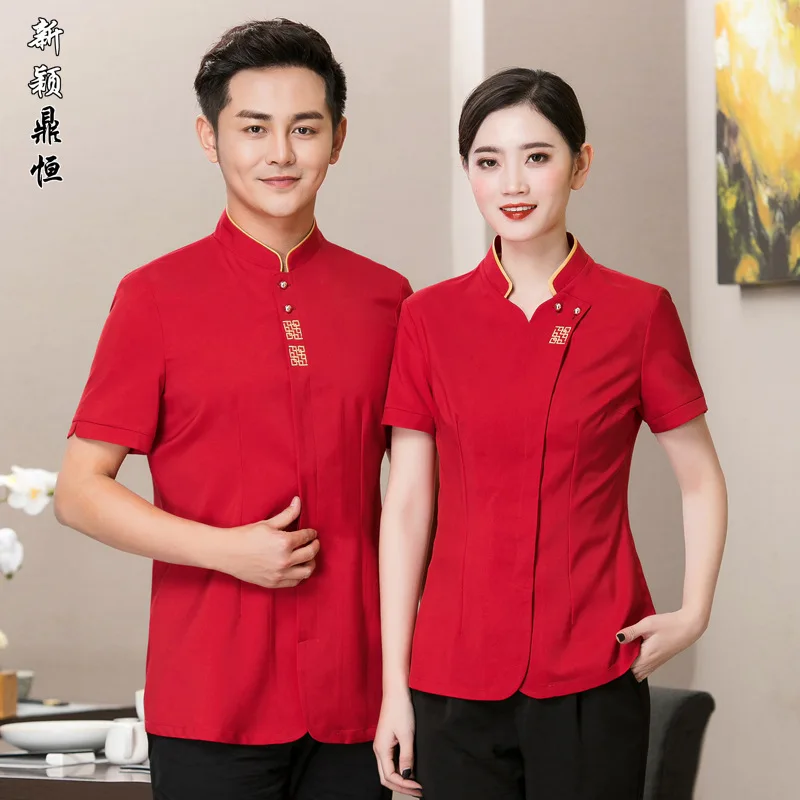 

Milk Tea Hot Pot Hotel Waiter Workwear Short Sleeve Western Dining Front Desk Cashier Coffee Shop Stand Collar Summer Dress for