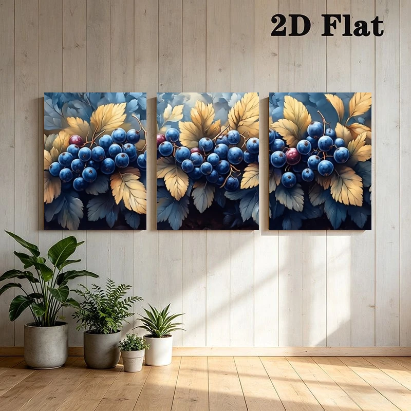 2D Flat, 2D Flat, 3pcs Modern Still Life Wall Art Prints, Blueberry And Golden Leaves, Frameless Poster Prints for Living Roo