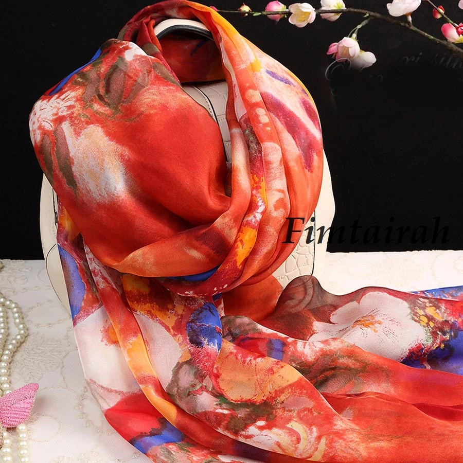 Fimtairah Soft 100%  Silk Scarf Women Printed Hangzhou 100% Silk Scarf Shawl Long Scarf Spring Autumn Winter Summer Silk Scarf