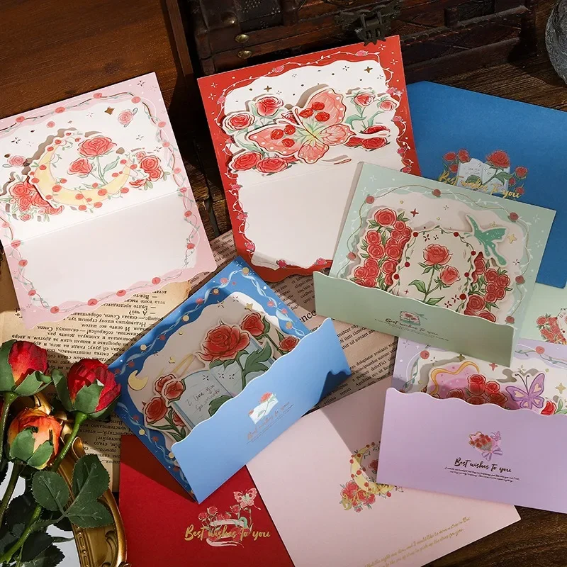 

3D creative hot stamping ins rose girls three-dimensional greeting card flower card set independent packaging with envelope