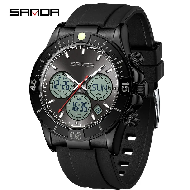 Moda Sanda 6192 relógio de quartzo masculino multifuncional à prova d'água esportes display duplo pulseira de silicone preto relógio de pulso para homens