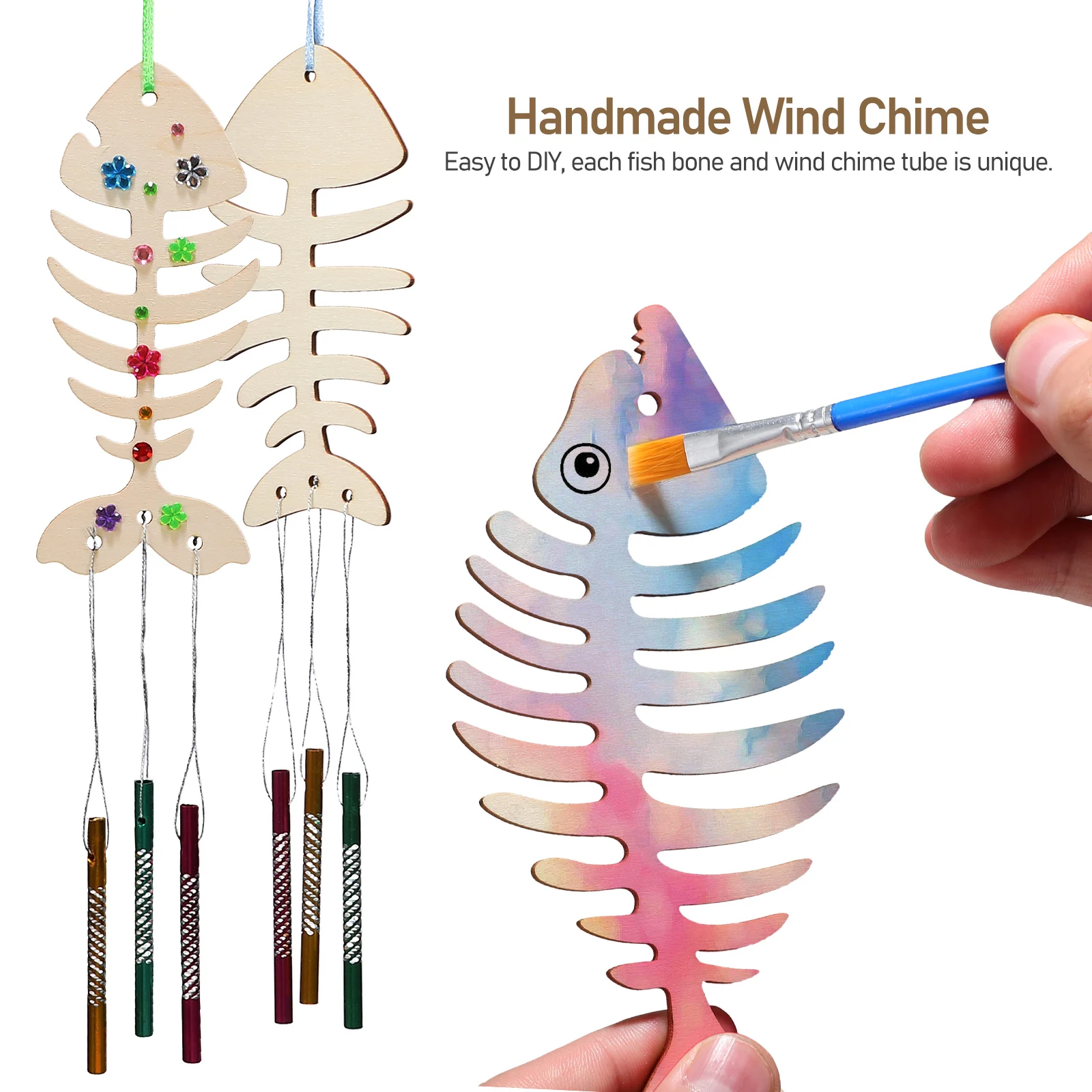 

1Set Handmade Fish Wind Chime Kit Wooden Hanging Ornament DIY Wind Bell Indoor Outdoor Relaxing Sound Decoration