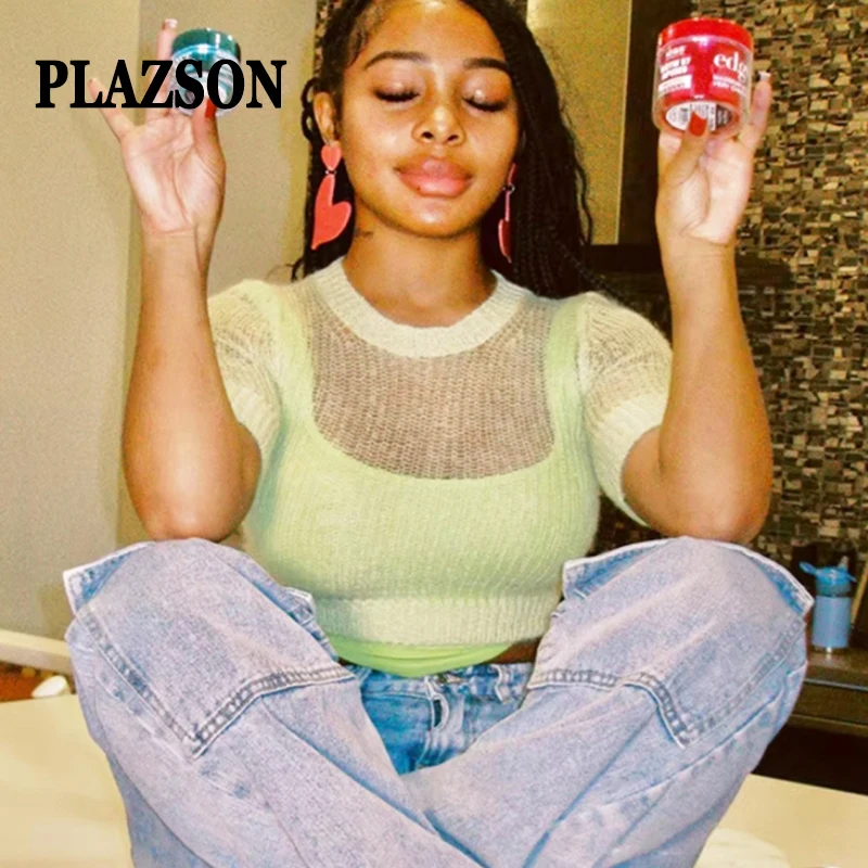 

PLAZSON Summer Knitted Cropped Tops Slim Short Sleeve O Neck See-through Crochet Tops Fashion Streetwear Clearance Women Clothes