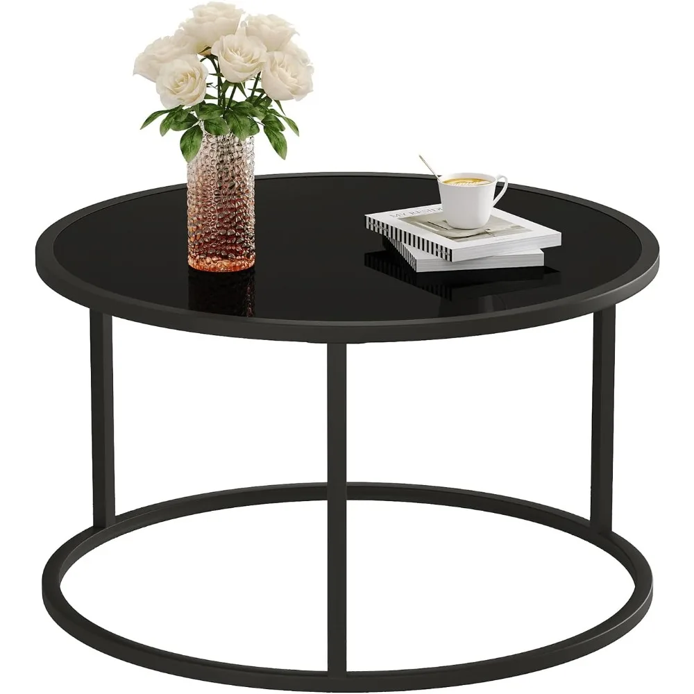 

27.6In Round Glass Coffee Table, Modern Tempered Glass-Top Center Table for Living Room & Home Office, Easy Assembly