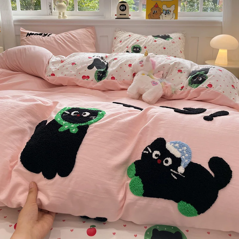 

Cute Cat Bedding Set For adults kids Brown pink Lovely Bed Sheet set With Pillowcases Colorful King Queen Full size