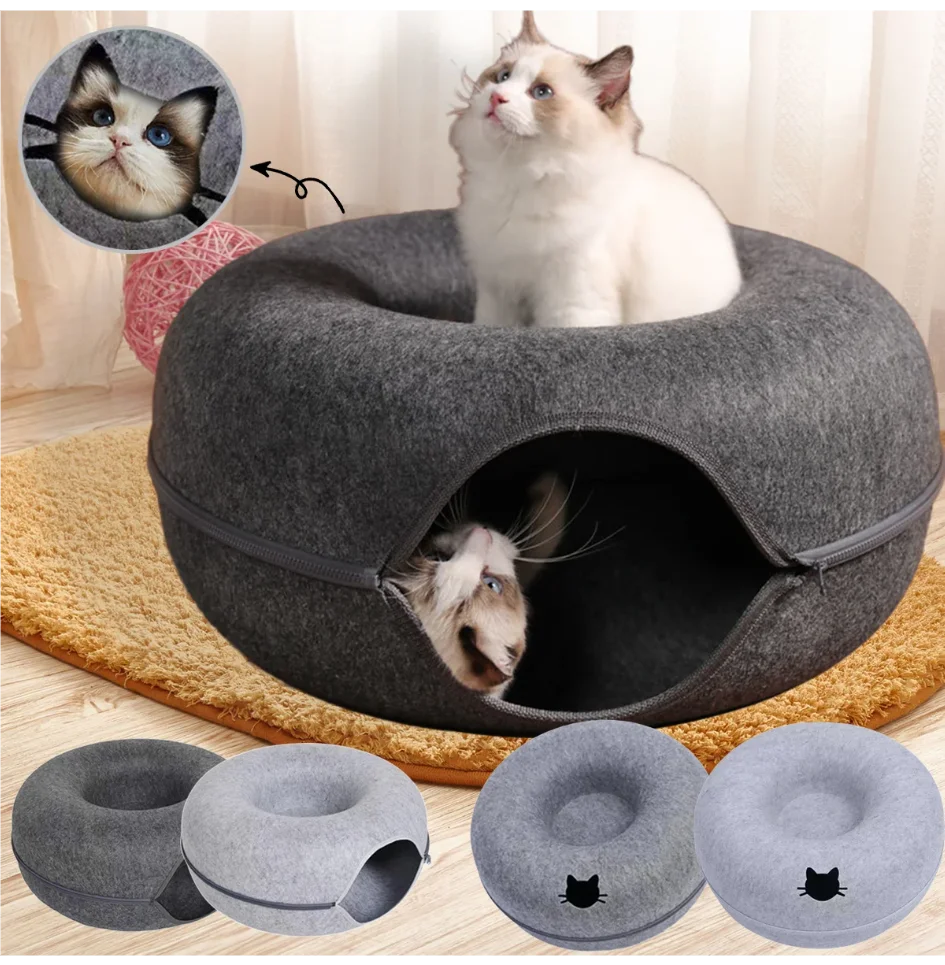 

Felt Donut Bed for Cats House With Breather Hole Dog Bed Interactive Play Toys for Cats to Hide 2 in 1 Tunnel for Cats Bed