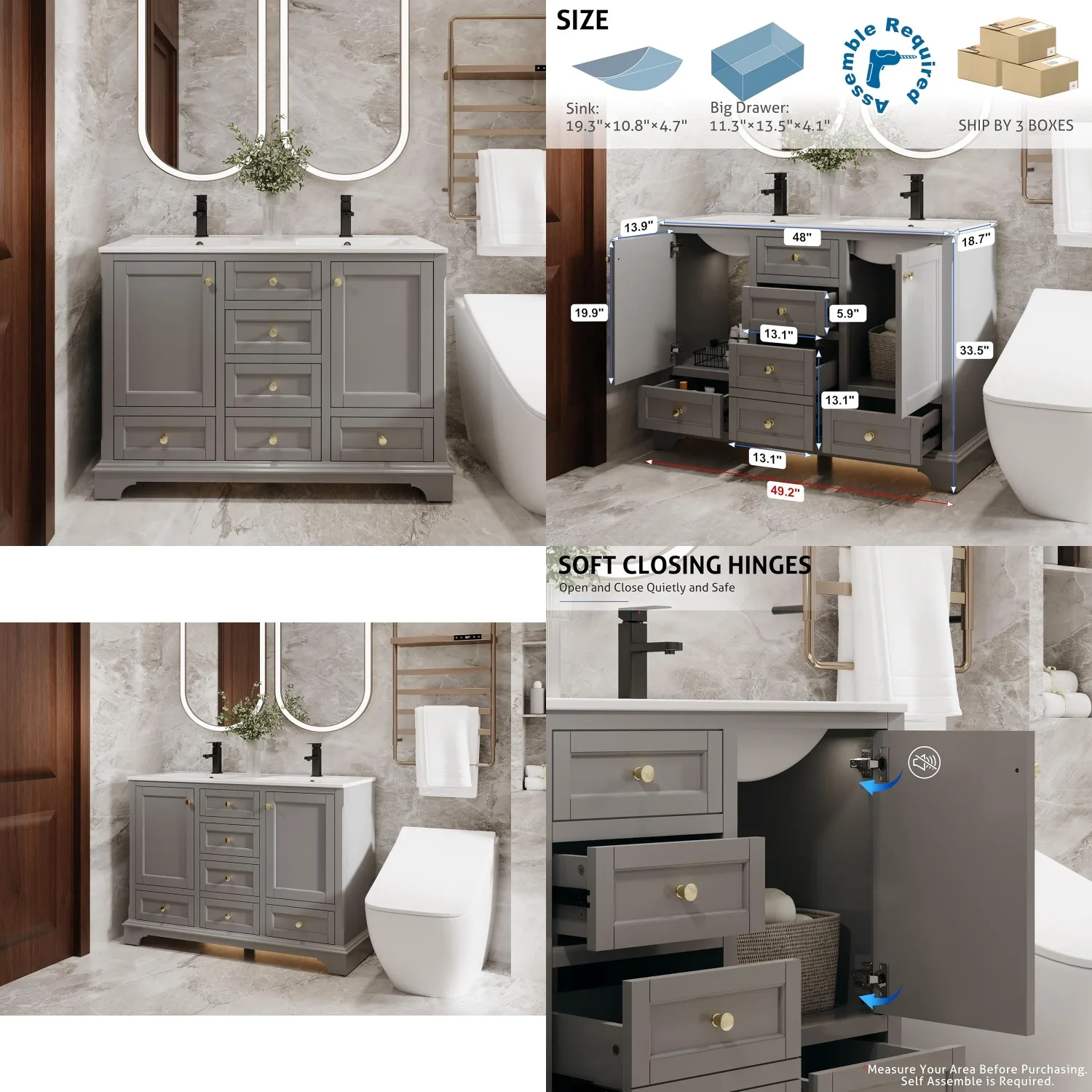 

48in Vintage Bathroom Vanity Combo w/Storage Cabinet,Soft Close Doors,Undermount Sink,Faucet&Drain,Gray,Customized