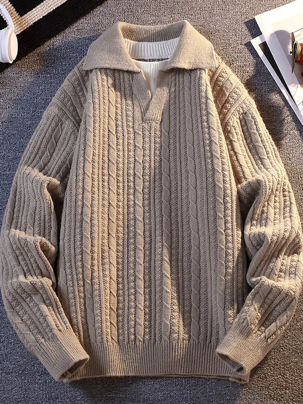 

Повседневный вязаный шерстяной свитер 2025 года, осенний сезон, с длинным рукавом, отложным воротником, из крученой пряжи, имитация двухслойности, комфортный, для отдыха, модный, размер M