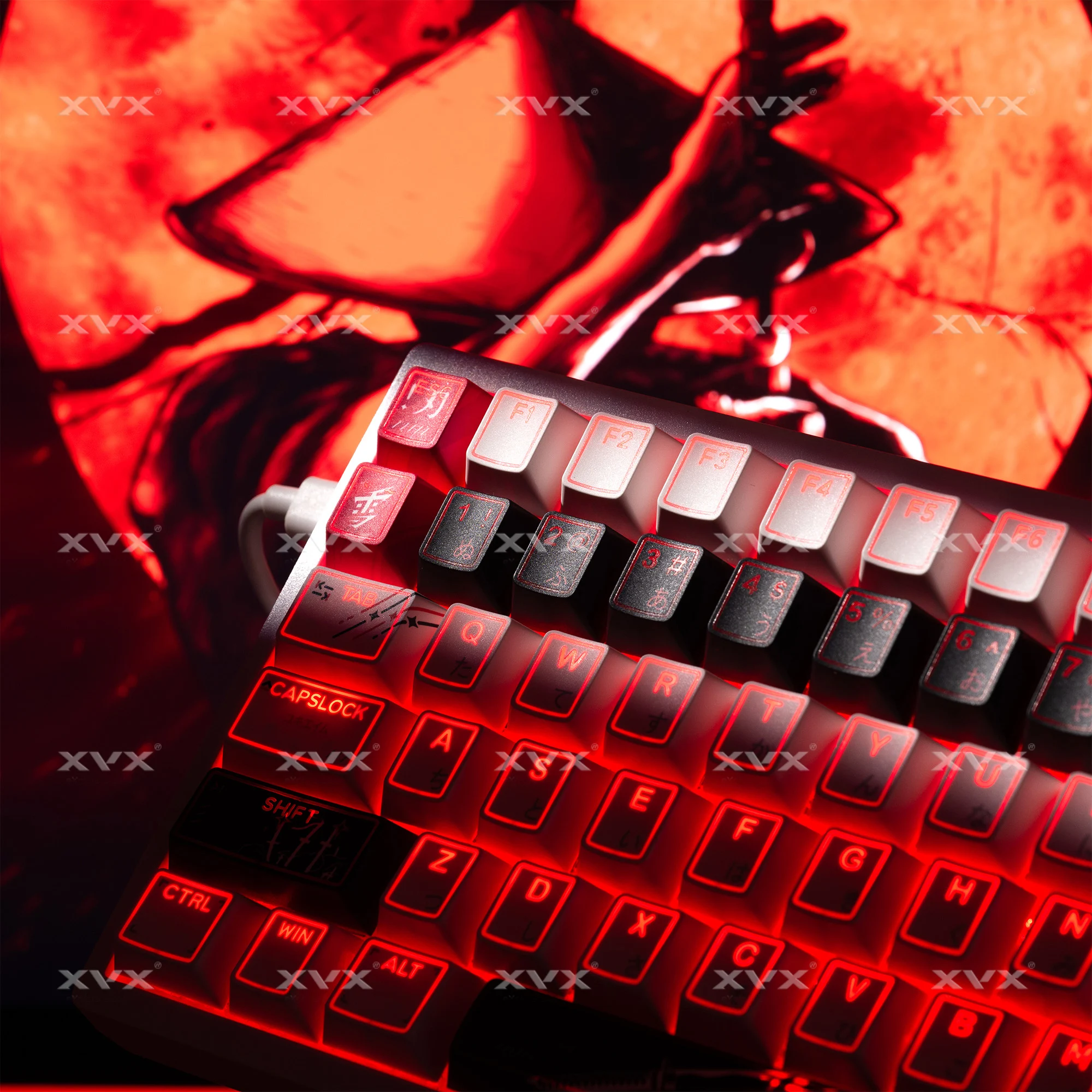 

Light ribbed keycap is engraved with five-sided hot sublimation rhombus light-transmitting characters Fog-transparent PBT origin