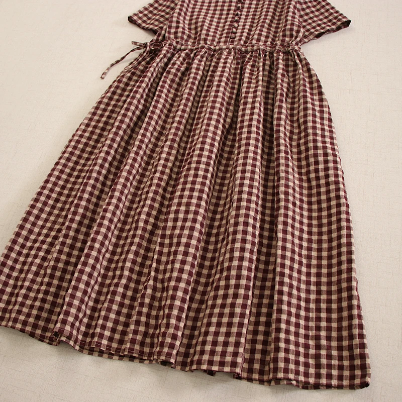 Summer Japanese Mori Girl Vintage Plaid Cotton Dress Women V-neck Short Sleeve Casual Loose Drawstring Waist A-line Midi Dresses