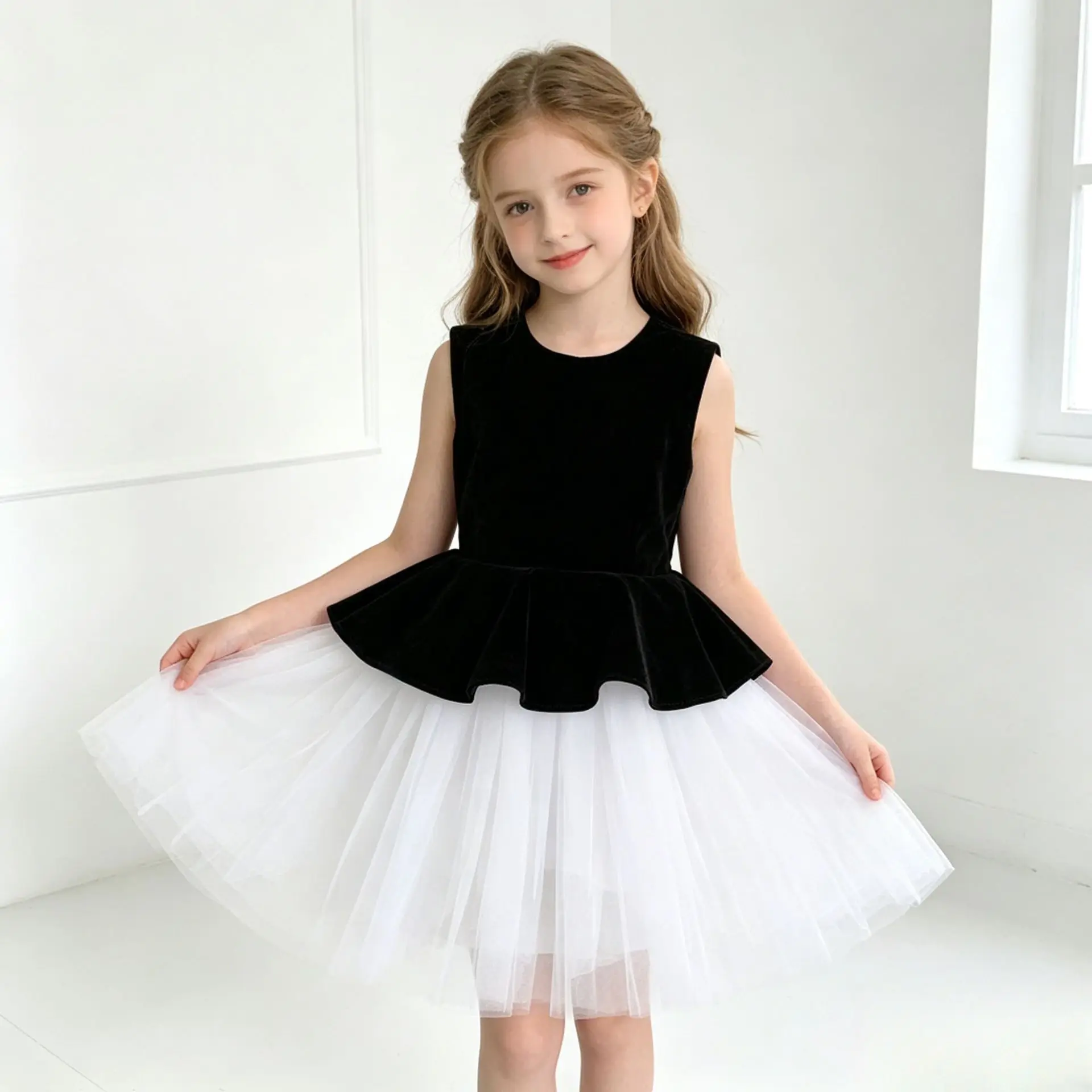 

Girls Patchwork Mesh Princess Dress Summer Sleeveless Black and White Dress Little Girls Birthday Fluffy Dress