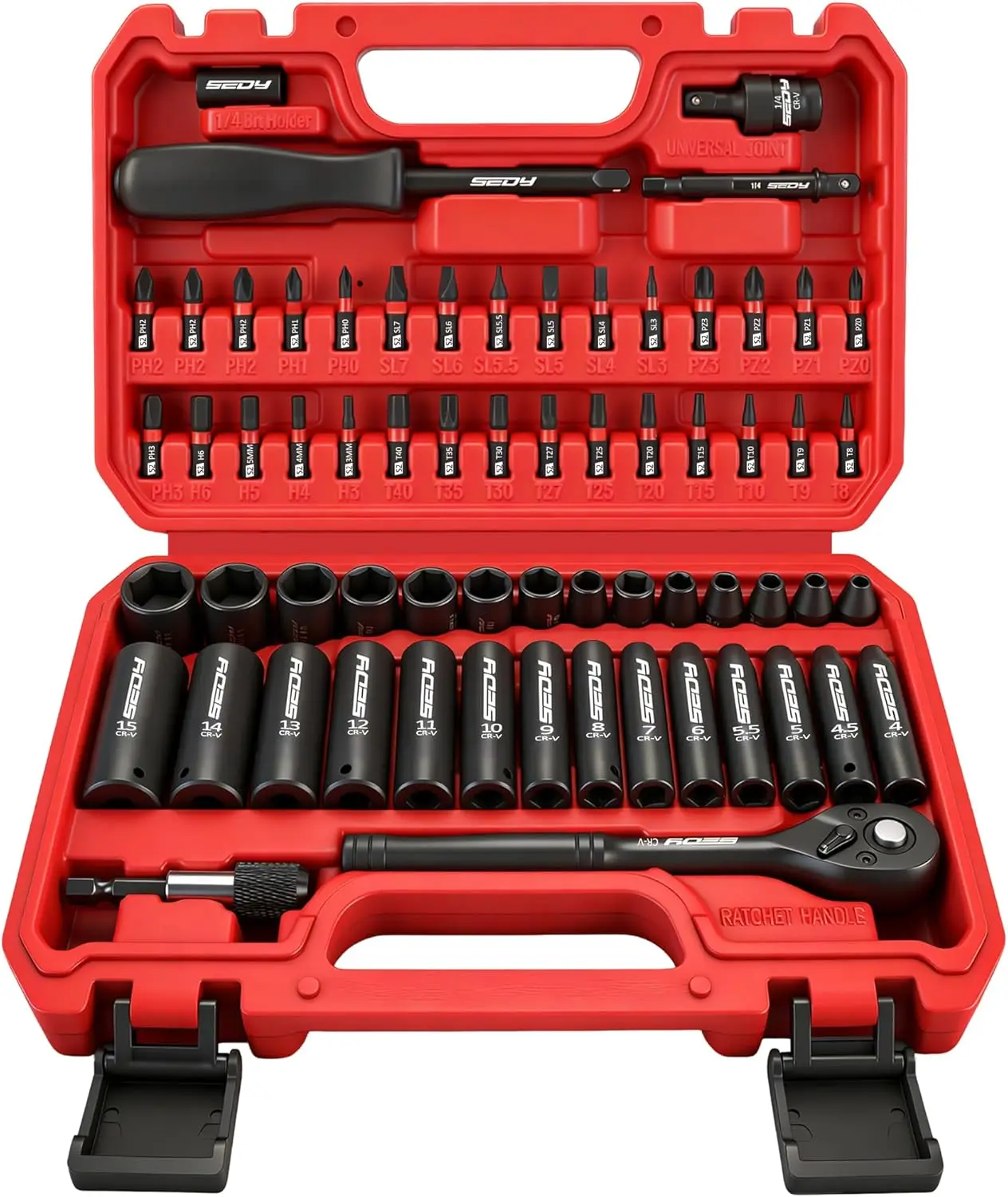 

64-Piece 1/4" Drive Impact Socket Set,Cr-V Metric & SAE Deep and Shallow Sockets,S2 Power Bits with Quick-Release Ratchet Handle