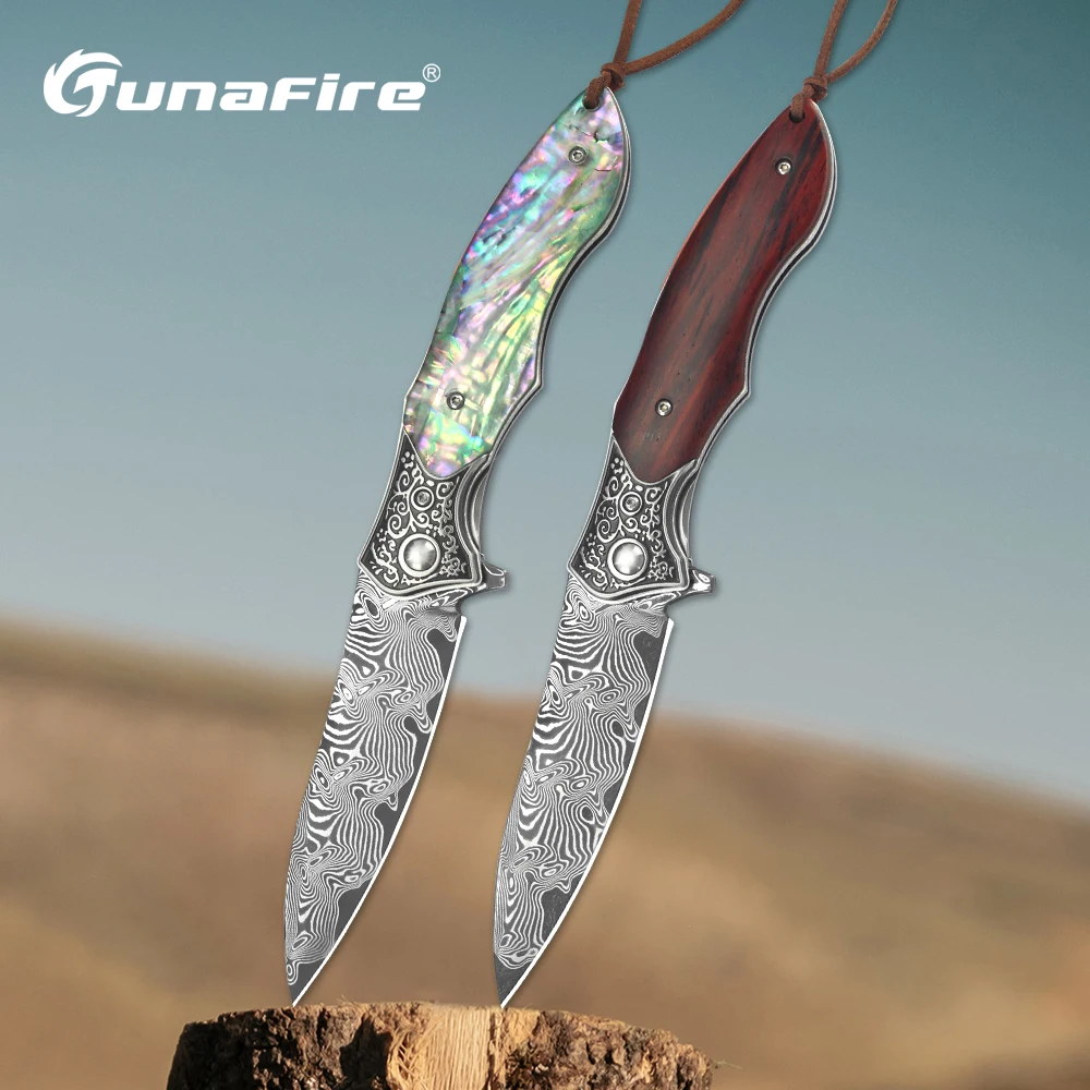 Tunafire Folding Hunting Knife Damascus VG10 Steel Blade Pocket Outdoor Assisted Flipper Bearing Wood Handle Knives