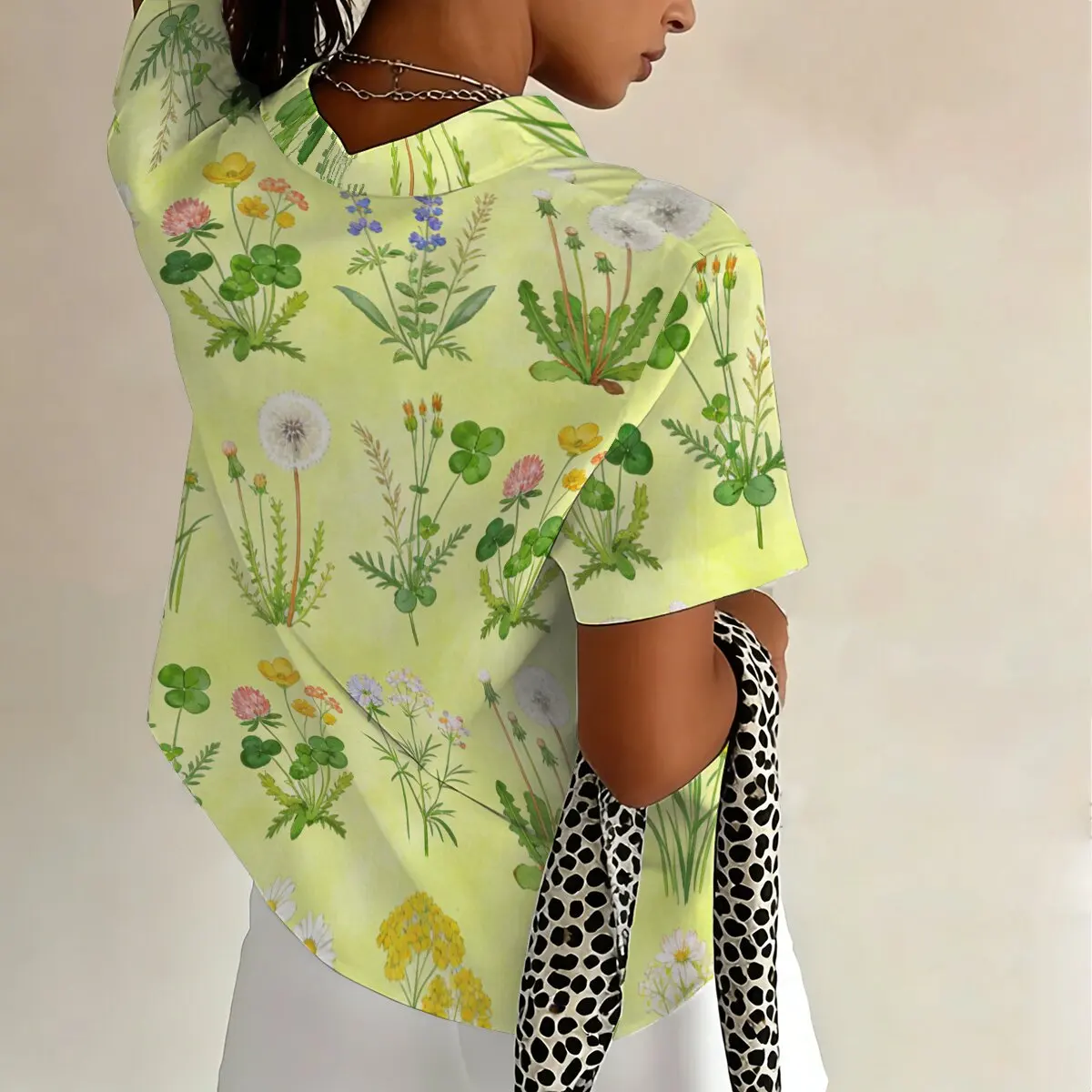 Women's Plus Size Summer Lapel Shirt with Fresh Forest Herbal Floral Print, Natural & Artistic, Ideal for Campus, Work & Casual view 4
