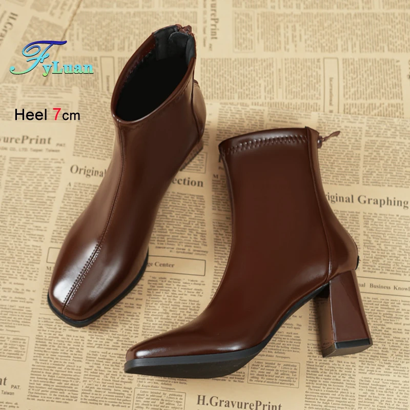 

Versatile Daily Routine Square Toe Woman Boots 7CM Block Heel Cosy Mid-calf Boots Rear Zipper Spring Autumn Fashion Women Shoes