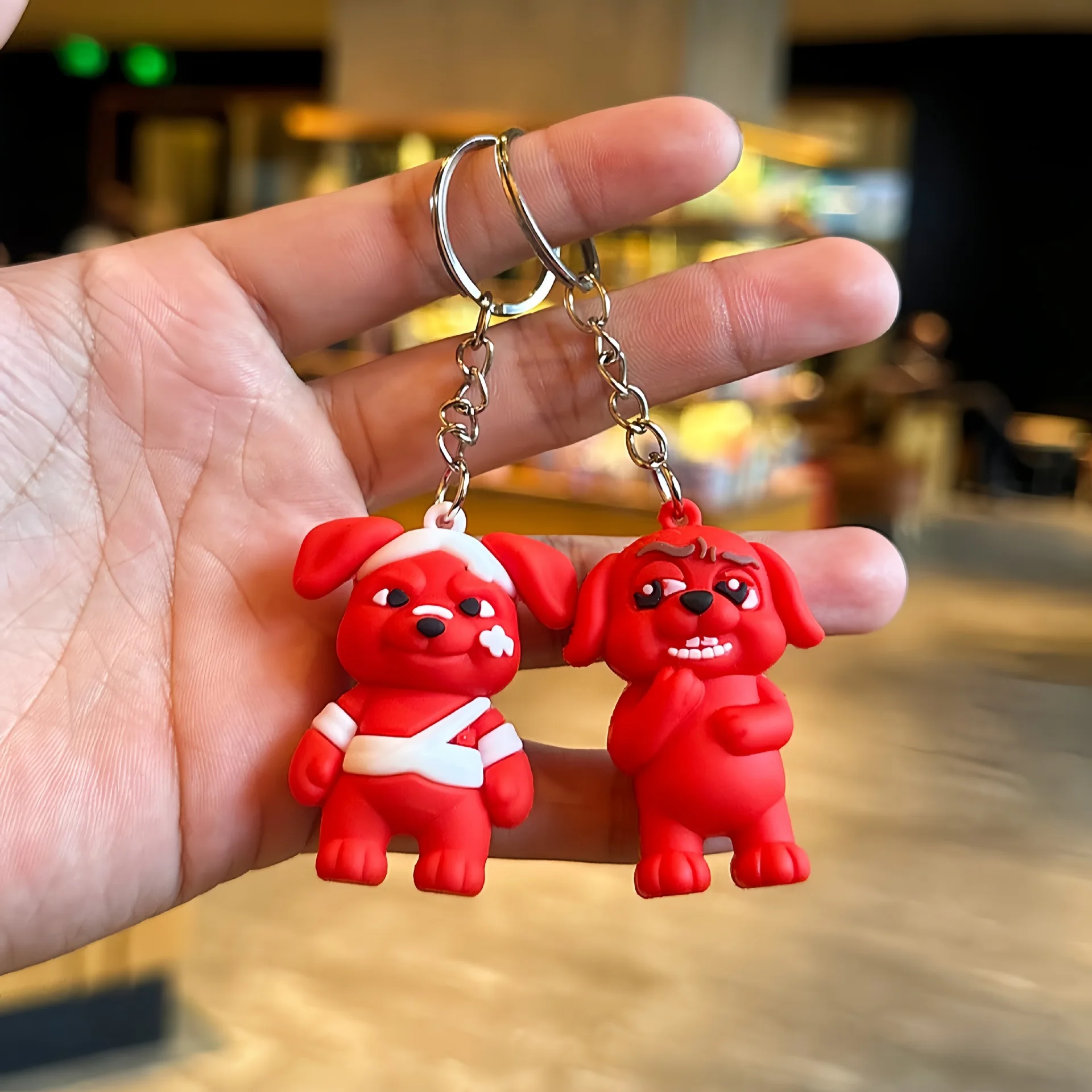 4Pcs/set Evil Dog Keychain Cute Cartoon Red Puppy PVC Soft Rubber Pendant Funny Animal Key Ring Bag Charm Car Key Accessory