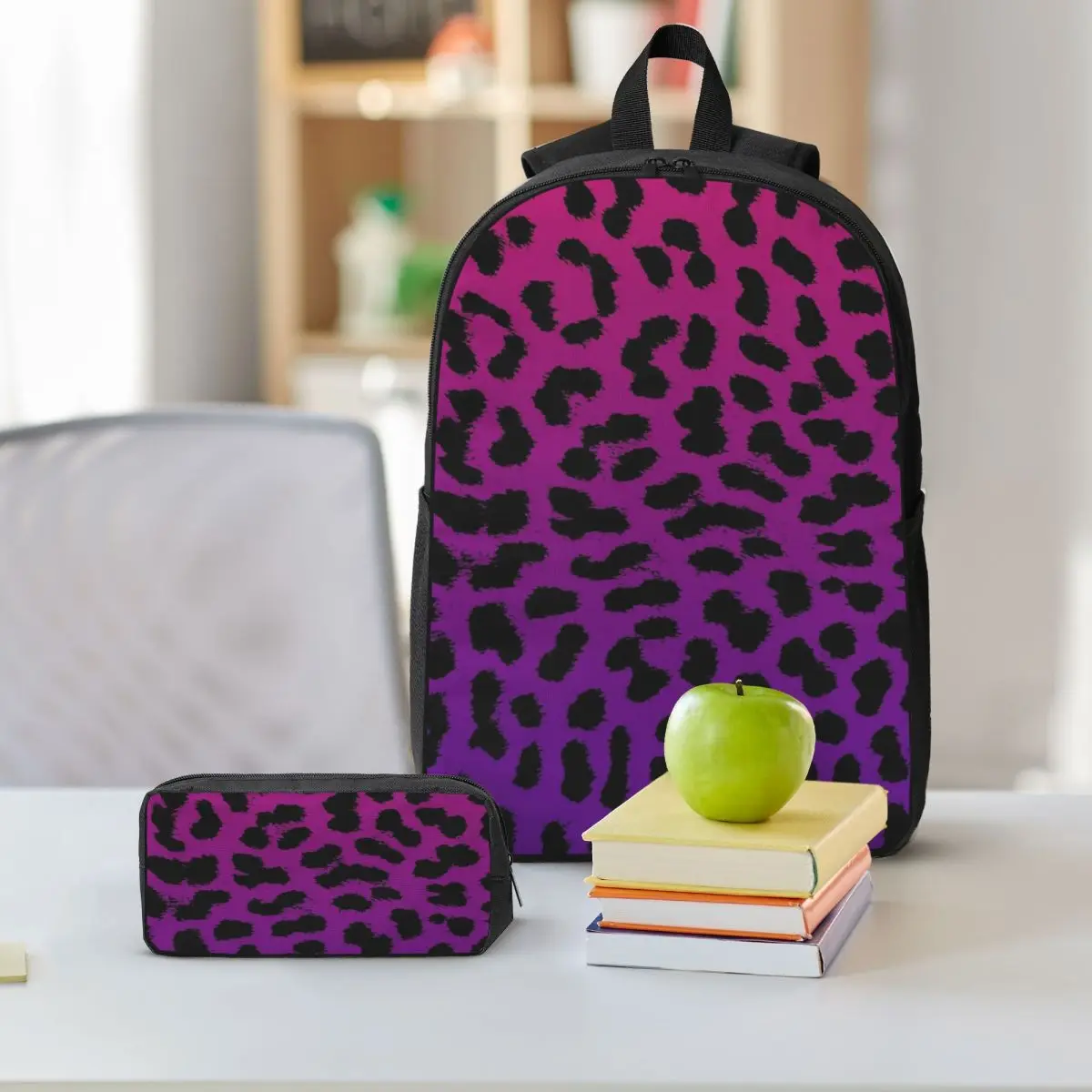 Purple Leopard Pattern With Pink Cheetah Backpack BookBag School Bag Laptop Shoulder Bags 3ps Insulated Lunch Bag Pencil Case