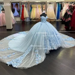 LISM Light Blue Tulle 3D Flowers 15 Quinceanera Dresses Glitter Sweetheart A-Line Ball Gowns Birthday Party Dress Custom Made