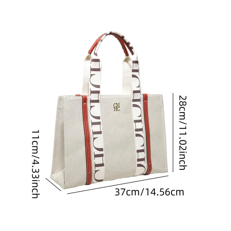 CH Textured Canvas Tote Bag With Webbing Strap Square Handbag 2025 Autumn Winter New Large Capacity Womens Style