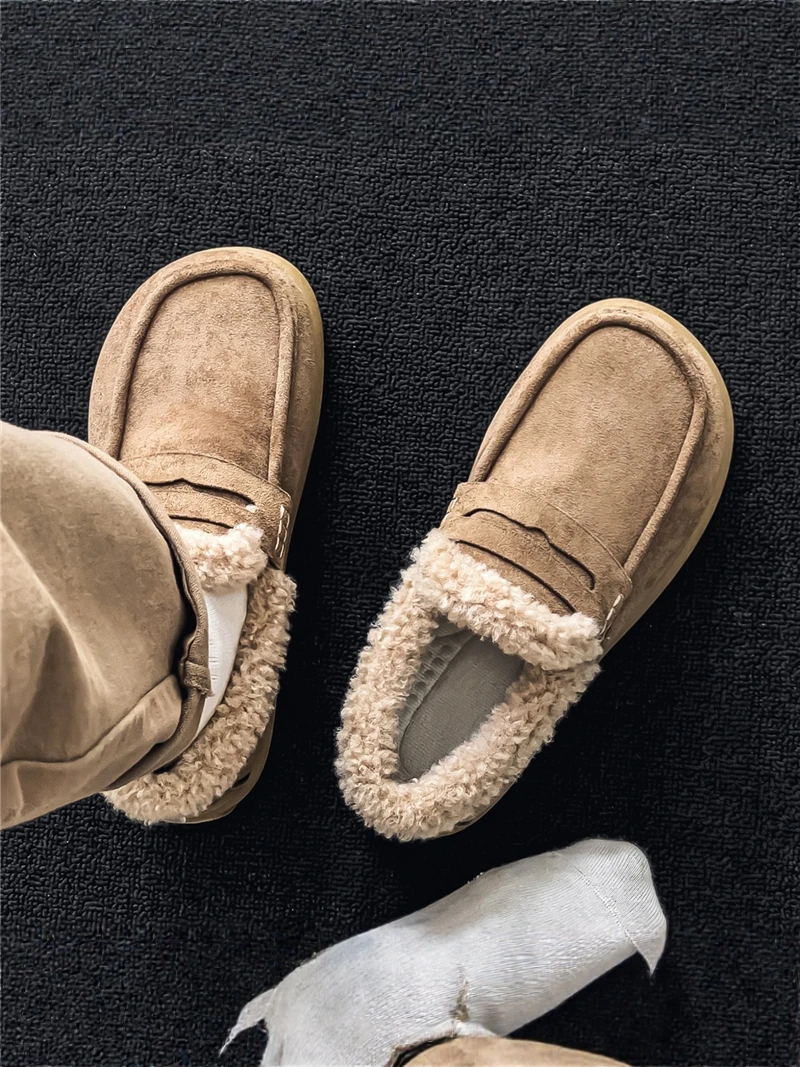 Men's Cotton Slippers Winter Warm Fleece Lined Casual Work Soft Bottom Leather Fur Integrated Retro  Cotton Shoes