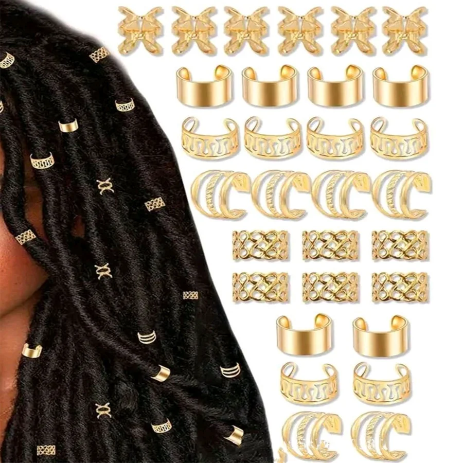 50pcs Hair Jewelry for Braids Alloy Hair Cuffs Multi Style Adjustable Fashion Hair Beads Dreadlock Accessories